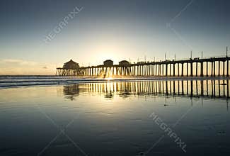 Huntington Beach Pier Wide Angle Reflection Sunset