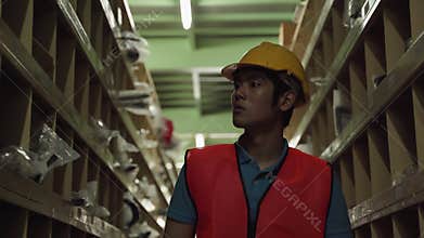 Crane follow video shot of Asian male worker patrolling the goods placed on the shelves