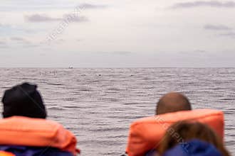 People on boat with life vest, at Azores islands