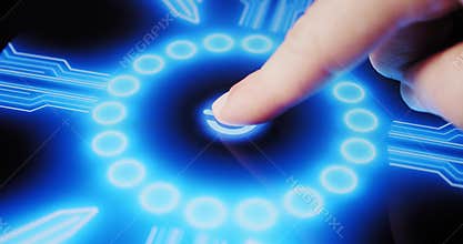 Human Finger Turns on Touch Screen Button and Activates Futuristic Artificial Intelligence. Visualization of Machine