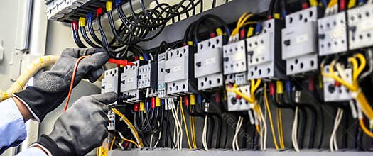 Close-up hand of electrical engineering using measuring equipment tool to checking electricity at circuit breaker