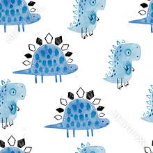 Watercolor hand-drawn colored seamless repeating children pattern with cute dinosaurs in Scandinavian style on a white