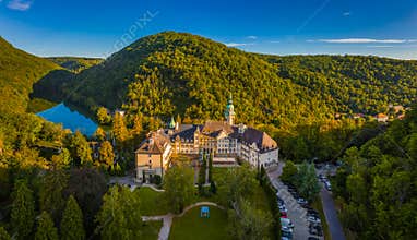 Lillafured, Hungary - Aerial view of the famous Lillafured Castle in the mountains of Bukk near Miskolc on a summer morning