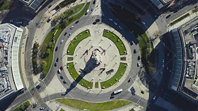 Marques de Pombal square. Top view of traffic on roundabout in Lisbon, Portugal