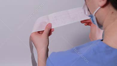 The cardiologist shows the film of an electrocardiogram of a patient with cardiac arrhythmia