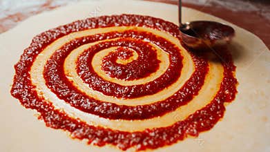 Chef is spreading Tomato Sauce on Pizza Dough with a Metal Ladle