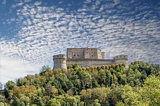 The Fort of San Leo, also known as the Rocca di San Leo, Rimini, Italy, under a dramatic sky