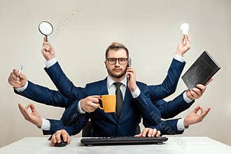 Businessman with many hands in a suit. Works simultaneously with several objects, a mug, a magnifying glass, papers, a contract, a