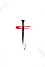 Christian cross made with rusty nails, drops of blood on white background. Copy space. Good Friday, Easter day