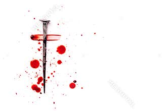 Christian cross made with rusty nails, drops of blood on white background. Copy space. Good Friday, Easter day