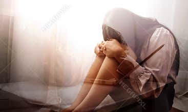 Woman sit Depression and anxiety Copy space.