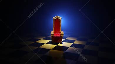 Red royal chair miniature on wooden table. Medieval Throne on chessboard. Chess board game concept of business ideas and competiti