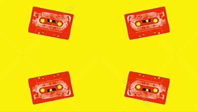 Cassette tape moving around against different colours