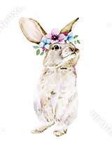 Watercolor drawing Easter bunny, hare with a wreath of flowers. cute rabbit stands on its hind legs isolated on white background,