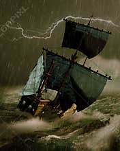 Caravel under big storm