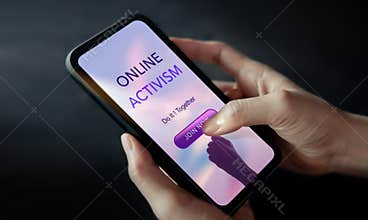 Online Activism Concept. Females Using Mobile Phone to Sign Up for Join an Internet Social Movement