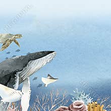 Watercolor painted marine life and corals banner
