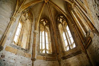 Interior of Chapel of St. Archangel Michael in medieval castle Bezdez, gothic arched windows in church, rib vault, altar part,