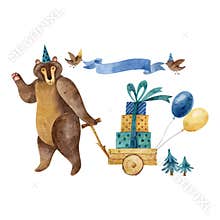 Watercolor illustration with bear in birthday ca