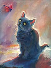 Cute kitty with pink butterfly oil painting art. Hand drawn funny Britain cat silhouette with bright red flying moth drawing art