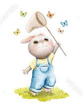 Watercolor illustration with bunny in overalls  catches butterflies in green grass