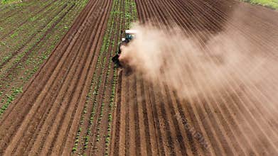 Agricultural machinery in the potato field cultivates the land