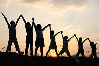 Silhouette, group of happy children