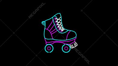 Footage. 2D animation. Roller shoe in neon style in blue and pink colors. It appears on a transparent background