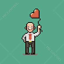 Simple flat pixel art illustration of cartoon smiling guy in a white shirt with a red tie he is holding red heart shaped