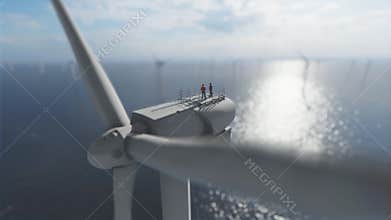 Workers on top of an offshore wind turbine against morning sun, low dof 4K