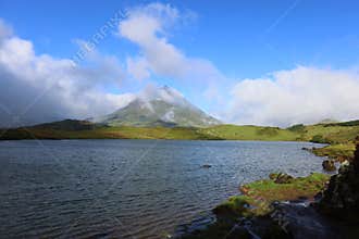Lagoa Do Capitao with Pico mountain in the background, Pico island, Azores
