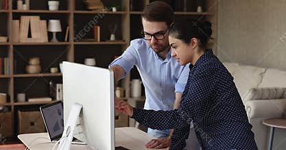 Indian woman and european man teammates collaborate by computer screen