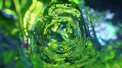 Swirling water funnel in neon lighting. Round water tunnel. Green color. 3d animation of a seamless loop.