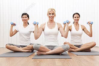 Interracial Yoga Group Women Weight Training
