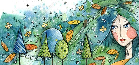 Portrait of Fairy of Spring and Summer with flowers, trees and leaves.