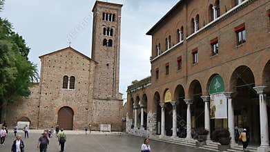 Facade of the Franciscan Basilica of San Francesco d'Assisi in Ravenna and the arcades