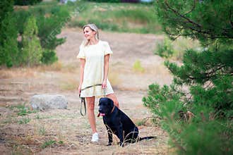 A beautiful young woman in a dress walks with her labrador dog in a city park or in the forest