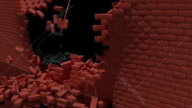 Breaking red brick wall animation being wrecked by heavy metal spheres. Design. Ruined red brick wall by black ball
