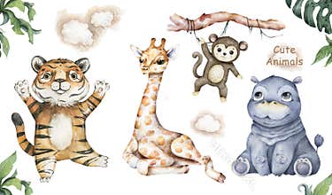 Baby giraffe, hippo, tiger and monkey. Watercolor hand painted cartoon giraffe tropical animal illustration. Jungle