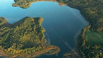 Aerial View Of Lakes Rivers Coast And Countryside Landscape. Green Forest Growing On Lake Coastside 4K