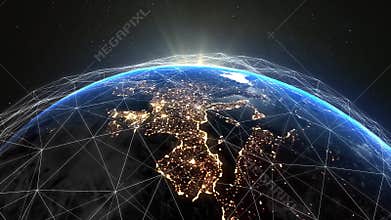 Digital grid over the surface of the night planet earth. A futuristic, global plexus network that covers the entire