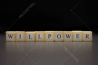 The word WILLPOWER written on wooden cubes isolated on a black background