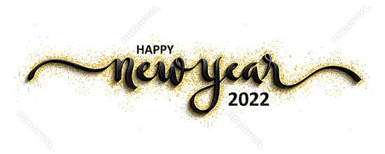 HAPPY NEW YEAR 2022 black brush calligraphy on gold glitter
