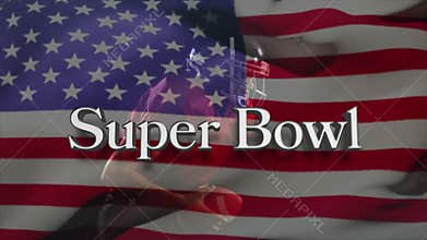 Animation of super bowl text over male rugby player and american flag