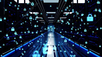 Digital Data Flow Through Rack Servers tunnel in Data Center. cyber security, data storage,
