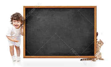 Kid and cat with blank blackboard