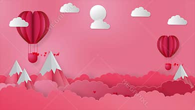 Valentine`s day abstract background, Flying red hearts and Balloon with mountains for valentines concept. Holiday background