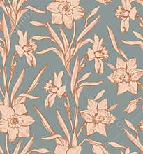 Spring flowers narcissus seamless pattern in calm earth tones.