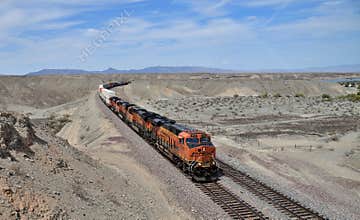California, Mojave Desert: Four BNSF Locomotives Pull Long Freight Train