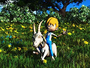 Young cartoon boy riding pet goat.